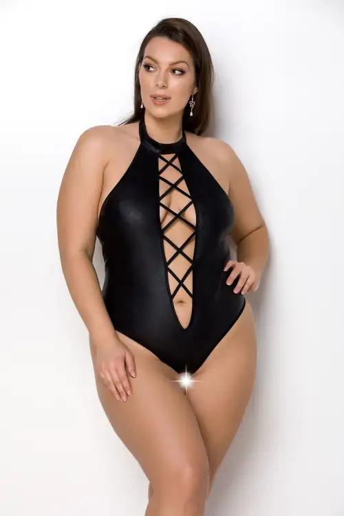 Боди из экокожи Passion Nancy Body 4XL/5XL black, с имитацией шнуровки и открытым доступом photo 1